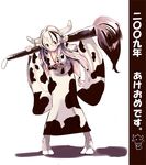  2009 animal_ears animal_print blush calligraphy_brush cow_ears cow_print giant_brush japanese_clothes kimono long_hair multicolored_hair new_year original paintbrush shiromiso smile solo tabi translated two-tone_hair 