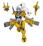  alien armor blue_skin gun no_nose red_eyes shas'o_shaserra solo tau tau_drone warhammer_40k weapon white_hair wide_hips 