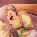  bed blush elf elvaan face final_fantasy final_fantasy_xi hand_on_another's_head open_mouth pillow pointy_ears prishe purple_eyes purple_hair sick solo_focus sweat tara_baka_ni under_covers 