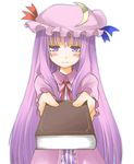  blush book center_frills commentary_request crescent frilled_sleeves frills gift hane_(hanegoya) hat holding holding_book holding_gift incoming_gift long_hair patchouli_knowledge purple_eyes purple_hair ribbon solo touhou tsundere 