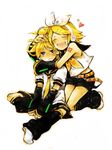  1girl blush brother_and_sister happy hug kagamine_len kagamine_rin open_mouth siblings sitting twins vocaloid yukkii 