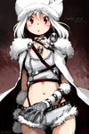  albino amanita_verna belt cape elbow_gloves fur_hat gloves hat highres jewelry midriff mushroom necklace oso-teki_kinoko_gijinka_zukan oso_(toolate) personification red_eyes short_hair shorts skull solo white_hair 