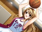  aikawa_daisei basketball basketball_uniform blonde_hair clothes_writing dutch_angle game_cg kayashima_konomi long_hair non-web_source red_eyes school_love! solo sportswear 