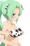  1girl animal_ears animal_print bad_id bad_pixiv_id bandeau bare_shoulders bikini blush breast_grab breasts cleavage cow_ears cow_print embarrassed frown grabbing green_eyes green_hair groping hentai_(1985) hetero higurashi_no_naku_koro_ni horns large_breasts long_hair ponytail profile simple_background solo_focus sonozaki_mion swimsuit very_long_hair you_gonna_get_raped 