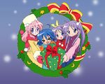  &gt;_&lt; ahoge blue_eyes blue_hair christmas closed_eyes coat gift glasses hair_ribbon hiiragi_kagami hiiragi_tsukasa izumi_konata jacket long_hair lucky_star mittens mole mole_under_eye multiple_girls non-web_source open_mouth overcoat pink_hair purple_eyes purple_hair ribbon smile takara_miyuki tareme tsurime twintails wallpaper winter_clothes wreath 