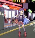  bag bangs beanie blue_hair blunt_bangs casual hair_tubes handbag hat highres kannagi long_hair mcdonald's nagi purple_eyes scarf shorts solo thighhighs yamaque 