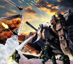  bad_id bad_pixiv_id bazooka cannon cloud explosion gm_(mobile_suit) ground_gm ground_gundam gun gundam gundam_08th_ms_team machine_gun mecha multiple_boys smoke twinbell weapon 