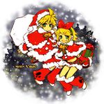  1girl bad_id bad_pixiv_id bell brother_and_sister christmas gift hat kagamine_len kagamine_rin santa_costume santa_hat siblings snow twins vocaloid yukkii 