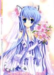  absurdres animal_ears blue_eyes blue_hair bouquet bride cat_ears copyright_request dress elbow_gloves flower gloves highres long_hair mitha solo tail wedding_dress 