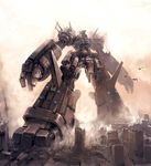  copyright_request higashi mecha no_humans ruins scenery science_fiction smoke space_craft 