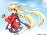  blonde_hair blush christmas fate_testarossa gift hair_ribbon highres long_hair lyrical_nanoha mahou_shoujo_lyrical_nanoha_strikers red_eyes ribbon scarf skirt snow solo thighhighs twintails very_long_hair windart zettai_ryouiki 