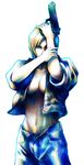  aya_brea blonde_hair blue_eyes breasts cleavage denim gun jacket jeans left-handed medium_breasts midriff official_art open_clothes open_shirt pants parasite_eve parasite_eve_ii shirt solo square_enix standing weapon 