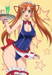  bare_shoulders breasts cleavage code_geass curvy green_eyes groin hips large_breasts long_hair one-piece_swimsuit orange_hair ribbon school_swimsuit shirley_fenette sideboob skin_tight solo spandex star swimsuit thighhighs thighs tray twintails waitress yokaze_japan 