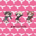  :d animal_ears arm_up ashiga_oreta beatmania beatmania_iidx cat_ears dog_ears erica_hartmann full_body gertrud_barkhorn long_sleeves looking_at_viewer minna-dietlinde_wilcke multiple_girls open_mouth parody pose smile smooooch standing strike_witches twintails world_witches_series 