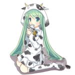  2009 animal_costume animal_print bad_id bad_pixiv_id bell cow_costume cow_print green_eyes green_hair hatsune_miku kneehighs long_hair milk new_year sitting socks solo very_long_hair vocaloid wusagi2 