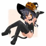  animal_ears bare_shoulders black_hair black_legwear blush cat_ears cat_tail elbow_gloves flat_chest gloves hat high_heels highres jack-o'-lantern kittysuit kochiya_(gothope) leotard long_hair looking_at_viewer open_mouth original solo tail thighhighs witch_hat wrist_cuffs yellow_eyes 