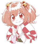  bell blush checkered hair_bell hair_ornament japanese_clothes jingle_bell long_sleeves looking_at_viewer mitsumoto_jouji motoori_kosuzu red_eyes red_hair short_hair simple_background sketch smile solo touhou two_side_up upper_body white_background 