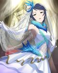  armpits artist_request bare_shoulders blue_hair church dress earrings elbow_gloves feathers gloves idolmaster idolmaster_cinderella_girls jewelry official_art solo veil wakui_rumi 