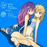  ass bare_shoulders barefoot becky_(teriyaki) blonde_hair blue_background blue_eyes breast_press breasts brown_eyes character_request competition_swimsuit dutch_angle feet flat_chest hand_on_back large_breasts long_hair looking_at_viewer multiple_girls navel one-piece_swimsuit original purple_eyes purple_hair sitting smile spiked_hair swimsuit teriyaki wariza 