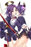 bad_id bad_pixiv_id banned_artist blush breast_press breasts glaive headgear kantai_collection left-handed long_sleeves looking_at_viewer mechanical_halo multiple_girls okia pleated_skirt polearm purple_eyes purple_hair skirt sword symmetrical_docking tatsuta_(kantai_collection) tenryuu_(kantai_collection) weapon yellow_eyes 