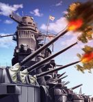  cannon cloud day firing flag imperial_japanese_navy japanese_flag kotsuka military military_vehicle muzzle_flash no_humans rising_sun ship sunburst turret warship watercraft world_war_ii yamato_(battleship) 