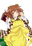  adjusting_eyewear apron bell book brown_hair character_name checkered clothes_writing glasses hair_bell hair_ornament highres himenomikan japanese_clothes motoori_kosuzu pince-nez pink_eyes smile touhou wide_sleeves 