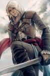  assassin's_creed_(series) assassin's_creed_iv:_black_flag blonde_hair edward_kenway highres hood long_hair male_focus sash solo sword weapon 