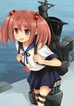  :d blush hair_bobbles hair_ornament kantai_collection kouno_hikaru open_mouth red_eyes red_hair sazanami_(kantai_collection) school_uniform serafuku short_hair skirt smile solo twintails 