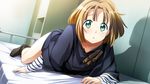  all_fours baldr_sky baldr_sky_zero blush game_cg green_eyes kei_(baldr_sky_zero) on_bed open_mouth solo striped sweatdrop tsunashima_shirou 