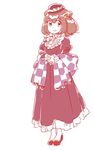  alternate_costume bell blush checkered dress hair_bell hair_ornament hands_clasped hat looking_at_viewer mitsumoto_jouji motoori_kosuzu own_hands_together red_eyes red_hair shawl short_hair smile solo touhou two_side_up 