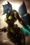  armor blue_fur blue_hair brown_eyes canine female fluffy_tail hair solo spacepoptart spartan weapon 