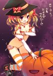  blonde_hair boots bra bracelet breasts bridal_gauntlets cleavage dated earrings fang halloween hat izumiyuhina jack-o'-lantern jewelry long_hair medium_breasts navel necktie open_mouth original panties pointy_ears red_eyes side-tie_panties signature solo thighhighs translated underwear underwear_only witch_hat 