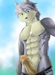  abs anthro balls biceps big_muscles big_penis black_nose canine cum cum_string dog drnx erection fur green_eyes grin hair humanoid_penis husky kouya kouya_aotsuki leaking male mammal morenatsu muscles necklace pecs penis pose precum presenting sheath smile solo speedo standing swimsuit toned topless uncut 