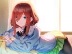  1girl backlighting black_legwear blue_cardigan blue_eyes blue_nails blush curtains cushion dust_particles eyebrows_visible_through_hair eyes_visible_through_hair fingernails go-toubun_no_hanayome green_skirt hair_over_one_eye headphones headphones_around_neck highres indoors long_hair long_sleeves looking_at_viewer lying midriff nail_polish nakano_miku on_side pantyhose parted_lips pleated_skirt skirt solo sunlight window zhanzheng_zi 