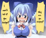  1girl adult alternate_breast_size angry blue_eyes blue_hair blush breasts cirno female kloah large_breasts older ribbon short_hair solo tears text the_embodiment_of_scarlet_devil touhou translated wings 