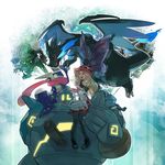  bad_id bad_pixiv_id bare_shoulders blonde_hair blue_fire eyewear_on_head fire gen_4_pokemon gen_5_pokemon gen_6_pokemon glowing golurk greninja highres long_hair lucario mau_knk mega_charizard_x mega_pokemon pleated_skirt pokemon pokemon_(creature) pokemon_(game) pokemon_xy serena_(pokemon) skirt sunglasses sylveon thighhighs vivillon yellow_eyes 