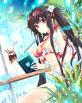  beach bikini black_hair book breasts bug butterfly drink e-nya eyewear_on_head flower food front-tie_top hair_flower hair_ornament ice_cream ice_cream_float insect large_breasts long_hair magic moriah_saga original pen red_eyes sitting solo sundae sunglasses swimsuit twintails very_long_hair wafer_stick 