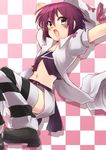  arm_behind_head checkered checkered_background facial_mark fang green_eyes hat looking_at_viewer looking_down merry_nightmare midriff navel open_mouth outstretched_arm purple_hair ribbon shoes short_hair skirt solo striped striped_legwear thighhighs type-alpha yumekui_merry 