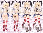  ass bed_sheet black_panties blonde_hair blush boots dakimakura elbow_gloves flat_chest gloves grey_footwear hair_ornament hairband high_heels highleg highleg_panties kantai_collection long_hair looking_at_viewer looking_back lying multiple_views nanami_ayane navel nipples on_back panties panties_aside pussy rensouhou-chan shimakaze_(kantai_collection) skirt striped striped_legwear thighhighs underwear white_gloves 