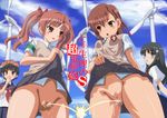  4girls bar_censor black_hair blue_eyes blush brown_eyes brown_hair censor_bar censored highres long_hair misaka_mikoto mizutani_rin multiple_girls no_panties peeing pointless_censoring pussy saten_ruiko shirai_kuroko short_hair skirt skirt_lift to_aru_kagaku_no_railgun to_aru_majutsu_no_index twintails uiharu_kazari 