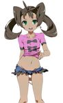  bad_id bad_pixiv_id blush breasts brown_hair covered_nipples dark_skin green_eyes groin long_hair lowleg lowleg_shorts midriff navel open_mouth pokemon pokemon_(game) pokemon_xy pussy_peek sana_(pokemon) shirt_lift short_shorts shorts simple_background small_breasts solo toru_k twintails white_background 