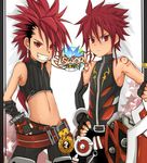  2boys child elsword elsword_(character) fingerless_gloves gloves infinity_sword male_focus multiple_boys navel rune_slayer short_hair tattoo waysin966 