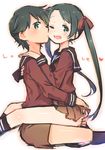  ;d amana_(pocketkey) ass_grab black_hair blush cheek_kiss english grabbing_another's_ass green_eyes groping hair_ribbon hug kantai_collection kiss long_hair mikuma_(kantai_collection) mogami_(kantai_collection) multiple_girls one_eye_closed open_mouth ribbon school_uniform serafuku short_hair shorts sitting sitting_on_lap sitting_on_person skirt smile twintails yuri 