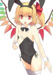  alternate_costume animal_ears blonde_hair bunny_ears bunny_girl bunny_tail bunnysuit culter detached_collar fake_animal_ears flandre_scarlet flat_chest leotard open_mouth pointy_ears red_eyes side_ponytail simple_background slit_pupils solo tail thighhighs touhou white_background white_legwear wings wrist_cuffs 