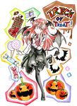  &gt;:) absurdres armband bat bat_wings black_legwear blush blush_stickers book bow box breasts buttons candy chocolate_bar colored_pencil_(medium) colorful demon_tail dress_shirt dripping english food frills gift gift_box gokuu_(acoloredpencil) halloween head_tilt head_wings heart highres holding holding_book jack-o'-lantern koakuma loafers lollipop long_hair long_sleeves looking_at_viewer medium_breasts necktie pointy_ears red_eyes red_hair red_ribbon ribbon shirt shoes sidelocks skirt skirt_set smile solo standing standing_on_one_leg tail thighhighs touhou traditional_media trick_or_treat v-shaped_eyebrows vest white_background white_shirt wings zettai_ryouiki 