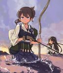  akagi_(kantai_collection) amana_(pocketkey) arrow blue_eyes bow_(weapon) bowl brown_eyes brown_hair chopsticks cloud eating food japanese_clothes kaga_(kantai_collection) kantai_collection long_hair multiple_girls muneate rice rice_bowl side_ponytail skirt sky tasuki wading water weapon 