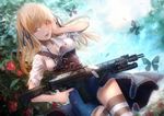  ak-5 alice_(wonderland) alice_in_wonderland angled_foregrip assault_rifle between_breasts blonde_hair breasts bug butterfly dog_tags eotech gun hair_ribbon insect koh_(minagi_kou) long_hair md5_mismatch ribbon rifle skirt sling solo strap strap_cleavage thighhighs weapon 