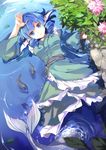  blue_eyes blue_hair breasts curly_hair fish flower hasebe_yuusaku head_fins highres japanese_clothes medium_breasts mermaid monster_girl partially_submerged rock solo touhou wakasagihime 