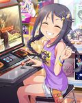  ^_^ arcade arcade_cabinet artist_request black_hair bracelet braid cameo closed_eyes company_connection controller crane_game crossover cutoffs galaxian grin hair_ornament hairclip idolmaster idolmaster_cinderella_girls jewelry joystick long_hair looking_at_viewer mishima_heihachi miyoshi_sana namco official_art rookie_trainer sitting smile solo stuffed_toy tekken tekken_tag_tournament_2 textless trainer_(idolmaster) twin_braids younger 