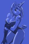  anthro anthrofied big_breasts blue_theme breasts cleavage clothed clothing cutie_mark elbow_gloves equine female friendship_is_magic gloves hobbsmeerkat horn horse looking_at_viewer mammal monochrome my_little_pony plain_background pony pose smile solo standing tail_wrap unicorn vinyl_scratch_(mlp) 